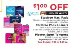 ShopRite Stayfree Maxi Pads, Carefree Pads & Liners, Playtex Sport Tampons offer