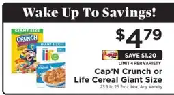 ShopRite Cap'N Crunch or Life Cereal Giant Size offer