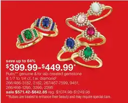 JC Penney Ruby genuine &/or lab-created gemstone & 1/7 to 1/4 ct. t. diamond offer