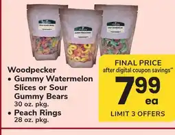 ACME Woodpecker Gummy Watermelon Slices or Sour Gummy Bears 30 oz. pkg., Peach Rings 28 oz. pkg offer