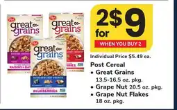 ACME Post Cereal Grape Nut 20.5 oz. pkg. Grape Nut 20.5 oz. pkg. Grape Nut Flakes 18 oz. pkg offer
