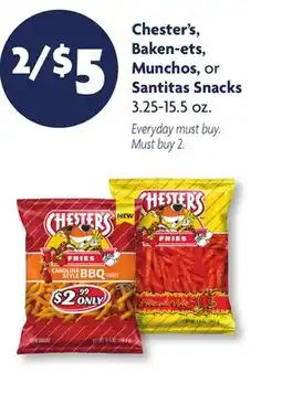 Family Dollar Chester's, Baken‑ets, Munchos, or Santitas Snacks offer