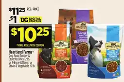 Dollar General Heartland Farms Dog Food Tender & Crunchy Bites 12 lb. or T-Bone & Bacon or Steak & Vegetable 15 lb offer