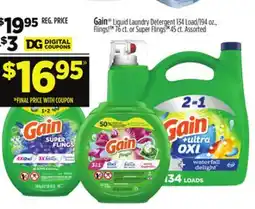 Dollar General Gain Liquid Laundry Detergent 134 Load/194 oz., Flings! 76 ct. or Super Flings 45 ct offer