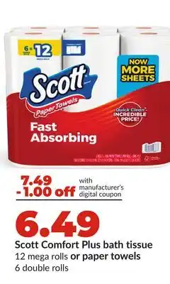 Hy-Vee Scott Comfort Plus bath tissue 12 mega rolls or paper towels 6 double rolls offer
