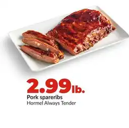 Hy-Vee Hormel Always Tender Pork spareribs offer