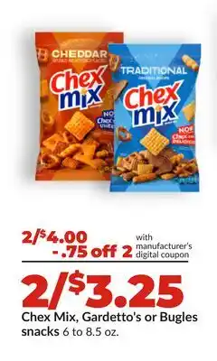 Hy-Vee Chex Mix, Gardetto's or Bugles snacks offer
