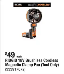 The Home Depot RIDGID 18V Brushless Cordless Magnetic Clamp Fan (Tool Only) offer