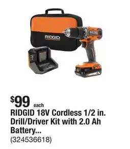 The Home Depot RIDGID 18V Cordless 1/2 in. Drill/Driver Kit with 2.0 Ah Battery and Charger offer