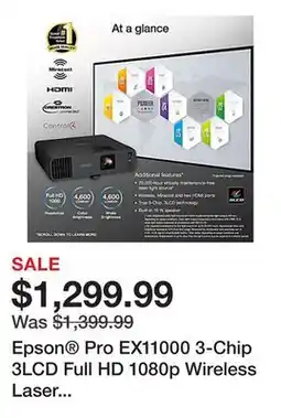 Office Depot Epson Pro EX11000 3-Chip 3LCD Full HD 1080p Wireless Laser Projector, V11HA72220 offer