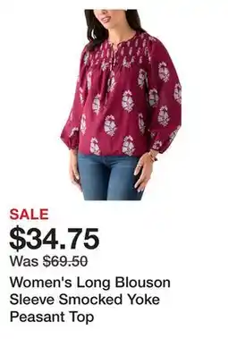 Belk Women's Long Blouson Sleeve Smocked Yoke Peasant Top offer