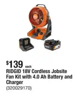 The Home Depot RIDGID 18V Cordless Jobsite Fan Kit with 4.0 Ah Battery and Charger offer
