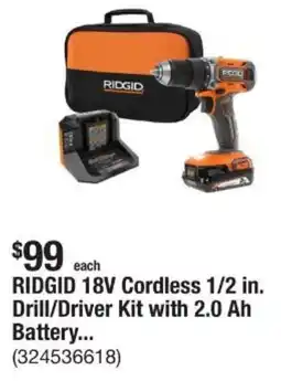 The Home Depot RIDGID 18V Cordless 1/2 in. Drill/Driver Kit with 2.0 Ah Battery... offer
