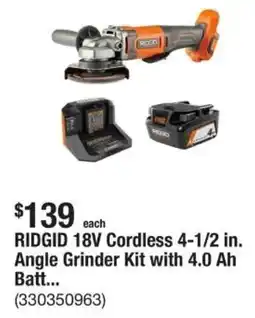 The Home Depot RIDGID 18V Cordless 4-1/2 in. Angle Grinder Kit with 4.0 Ah Batt... offer