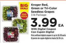 Food 4 Less Kroger Red, Green or Tri-Color Seedless Grapes offer