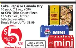 Vons Coke, Pepsi or Canada Dry 10 pack, 7.5 oz., +CRV or CPK Thin Crust Pizza 13.5-15.8 oz offer