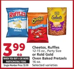 Vons Cheetos, Ruffles 12-15 oz., Party Size or Rold Gold Oven Baked Pretzels 16 oz offer