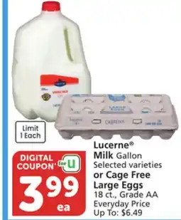 Vons Lucerne Milk Gallon Selected varieties or Cage Free Large Eggs 18 ct., Grade AA offer