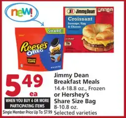 Vons Jimmy Dean Breakfast Meals 14.4-18.8 oz., Frozen or Hershey's Share Size Bag 8-10.8 oz offer