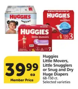 Vons Huggies Little Movers, Little Snugglers or Snug and Dry Huge Diapers offer