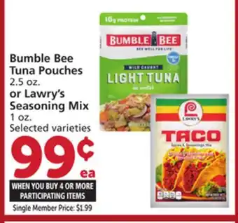 Vons Bumble Bee Tuna Pouches 2.5 oz. or Lawry's Seasoning Mix 1 oz offer