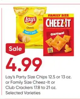 Stater Bros Lay's Party Size Chips 12.5 or 13 oz. or Family Size Cheez-It or Club Crackers 17.8 to 21 oz offer