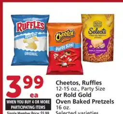 Albertsons Cheetos, Ruffles 12-15 oz., Party Size or Rold Gold Oven Baked Pretzels 16 oz offer