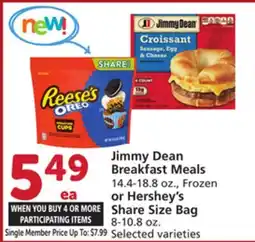 Albertsons Jimmy Dean Breakfast Meals 14.4-18.8 oz., Frozen or Hershey's Share Size Bag 8-10.8 oz offer
