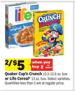 Meijer Quaker Cap'n Crunch 10.3-12.6 oz. box or Life Cereal* 13 oz. box offer