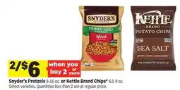 Meijer Snyder's Pretzels 8-16 oz. or Kettle Brand Chips* 6.5-9 oz offer
