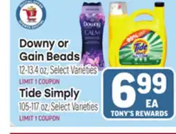 Tony’s Fresh Market Downy or Gain Beads 12-13.4 oz, Select Varieties, Tide Simply 105-177 oz offer