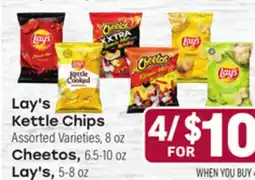 Tony’s Fresh Market Lay's Kettle Chips, Assorted Varieties 8 oz, Cheetos, 6.5-10 oz, Lay's, 5-8 oz offer