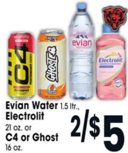 Jewel-Osco Evian Water 1.5 ltr., Electrolit 21 oz. or C4 or Ghost 16 oz offer