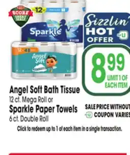 Jewel-Osco Angel Soft Bath Tissue 12 ct. Mega Roll or Sparkle Paper Towels 6 ct. Double Roll offer