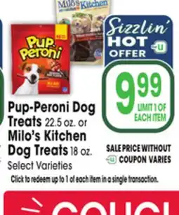 Jewel-Osco Pup-Peroni Dog Treats 22.5 oz. or Milo's Kitchen Dog Treats 18 oz offer
