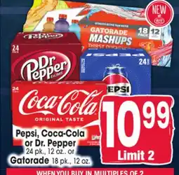 Jewel-Osco Pepsi, Coca-Cola or Dr. Pepper 24 pk., 12 oz. or Gatorade 18 pk., 12 oz offer