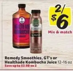 Winn Dixie Remedy Smoothies, GT's or Healthade Kombucha Juice offer