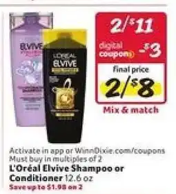 Winn Dixie L' Oréal Elvive Shampoo or Conditioner offer