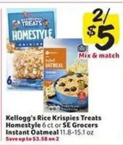 Winn Dixie Kellogg's Rice Krispies Treats Homestyle 6 ct or SE Grocers Instant Oatmeal 11.8-15.1 oz offer