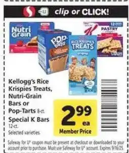 Safeway Kellogg's Rice Krispies Treats, Nutri-Grain Bars or Pop-Tarts offer