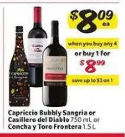 Winn Dixie Capriccio Bubbly Sangria or Castillero del Diablo 750 ml or Concha y Toro Frontera 1.5 L offer