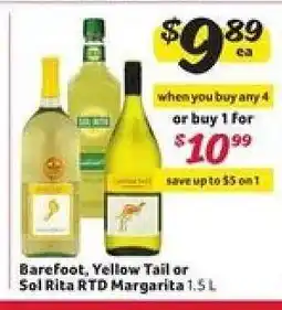 Winn Dixie Barefoot, Yellow Tail or Sol Rita RTD Margarita offer