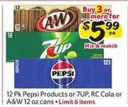Winn Dixie 12 Pk Pepsi Products or 7UP, RC Cola or A&W 12 oz cans offer