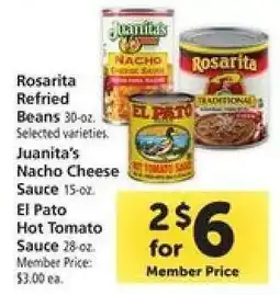 Safeway Rosarita Refried Beans, Juanita's Nacho Cheese Sauce, El Pato Hot Tomato Sauce offer