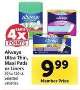 Safeway Always Ultra Thin, Maxi Pads or Liners offer