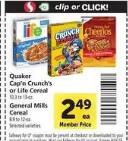 Safeway Quaker Cap’n Crunch’s or Life Cereal offer