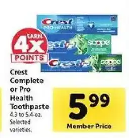 Safeway Crest Complete or Pro-Health Toothpaste offer