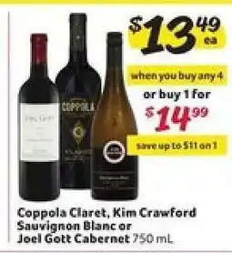 Winn Dixie Coppola Claret, Kim Crawford Sauvignon Blanc or Joel Gott Cabernet offer