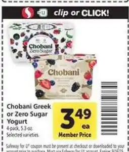Safeway Chobani Greek or Zero Sugar Yogurt offer