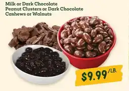 Sprouts Farmers Market Milk or Dark Chocolate Peanut Clusters or Dark Chocolate Cashews or Walnuts offer